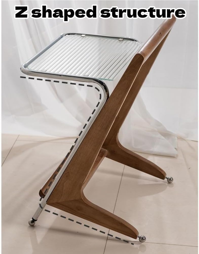 Solid Wood Side Table with Glass Top, Z Shape End Table with Magazine Rack, M...