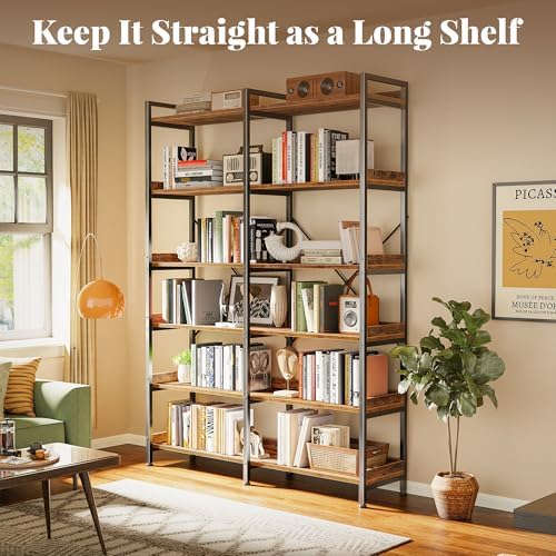 Huuger 6 Tier Bookshelf with 12 Open Shelves and Raised Baffle, Rustic Brown