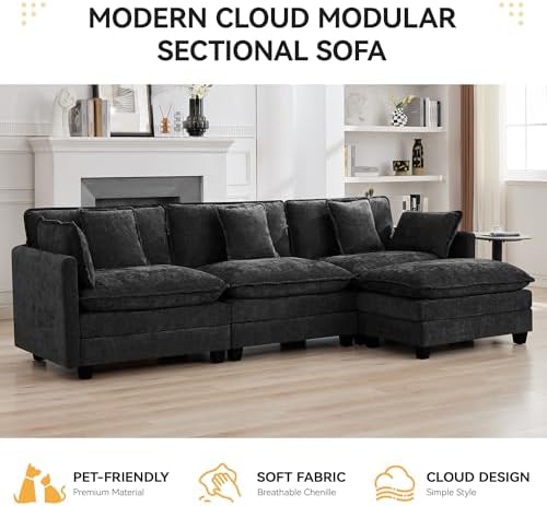 111'' Sectional Cloud Deep Seat Couch, Modern Comfy Chenille L Shaped...