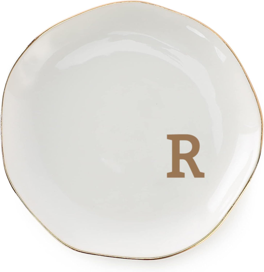 Initials Ring Dish Jewery Tray with Personalized R-Monogrammed Gifts Wedding Engagement for Women Friends Sister,Ceramic White