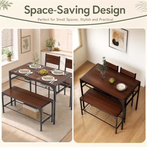 COSTWAY Dining Table Set for 4 with Bench & 2 Chairs, Storage Racks, Walnut