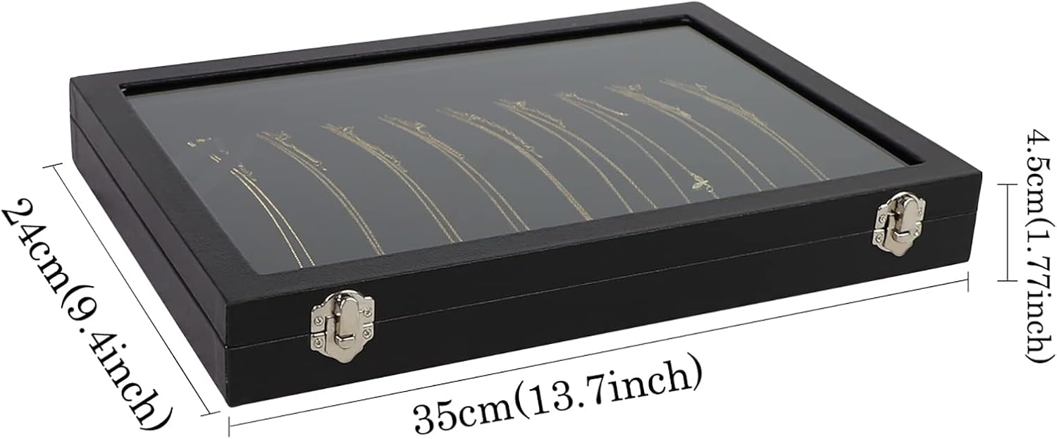 Wudygirl Necklace Organizer 20 Hooks Jewelry Organizer Jewelry Display Stackable Glass Top Lockable Black Velvet Boxes(Necklace Tray)
