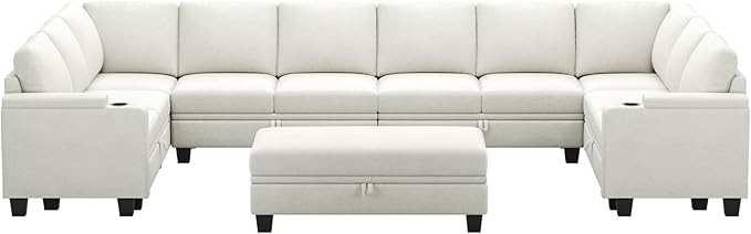 Belffin Oversized U Shaped Modular Sectional Couch for Living Room 10 Seater Modular Sofa Set with Storage Ottoman Large Sectional Couch with Cup Holder White