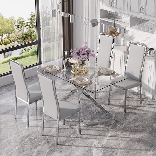 Modern Glass Dining Table Set for 4, 5-Piece Rectangular Kitchen Table Set wi...
