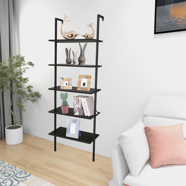 5-Tier Wall-Mounted Ladder Bookshelf Black Metal Frame | MDF Shelves, Industrial Style, 60x30x180 cm, Open Design, Living Room & Office