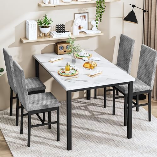 DKLGG Dining Table Set for 4, Faux Marble Kitchen Table with Velvet Upholster...