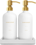 Gold Soap Dispenser Set, Glass Soap Dispenser with Stainless Steel Pump, Perfect for Modern Kitchen Counter Decor. (Gold)
