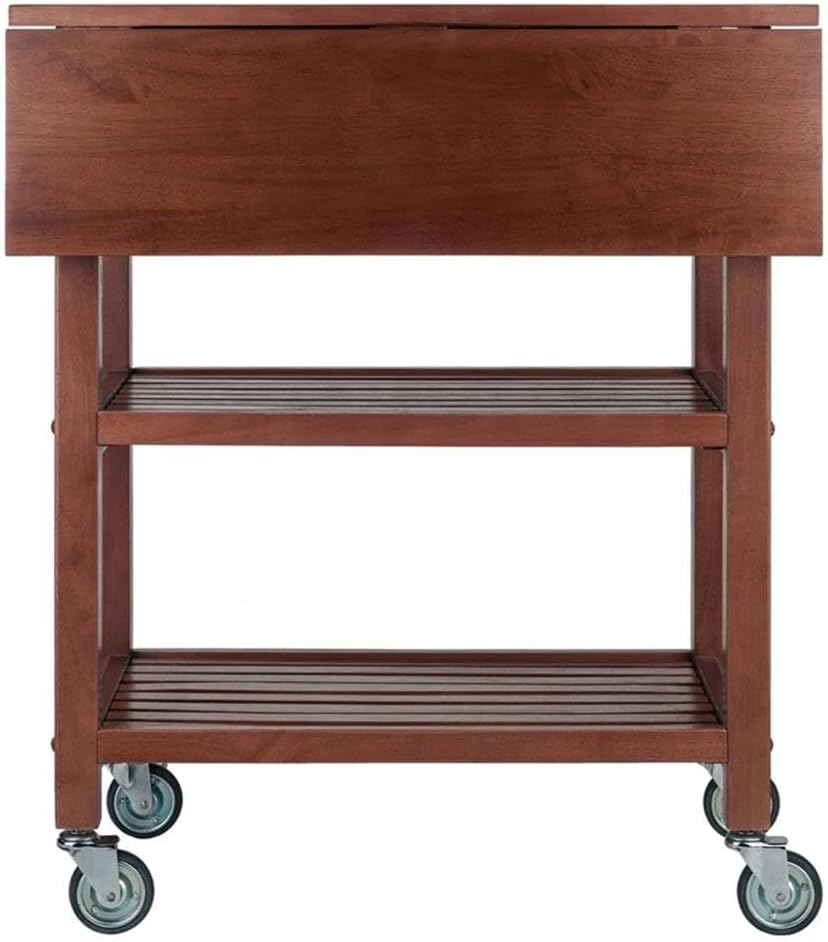 BOWERY HILL Solid Wood Kitchen Cart, Walnut Finish, Drop Leaf Extension, 2 Slatted Shelves, Locking Casters, 28.27" W x 16.66" D x 33.07" H, Rustic Transitional Indoor Storage for Kitchen