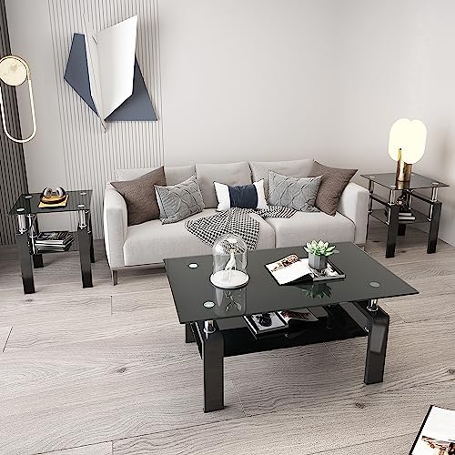 ODUSE-DAILY All Black Glass Coffee Table Set of 3 Piece, Living Room Table Se...