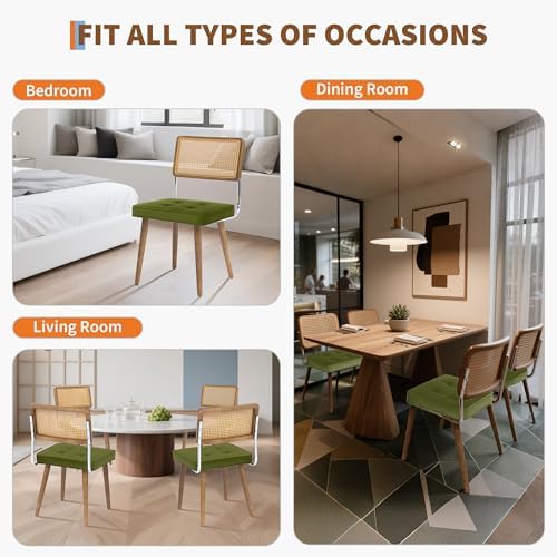 GarveeHome Natural Rattan Dining Chairs Set of 2, Velvet Upholstered Kitchen ...