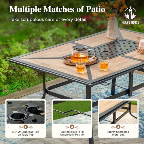 HERA'S HOUSE 7pc Patio Dining Set, Metal Table with PVC Top, Brown Chairs