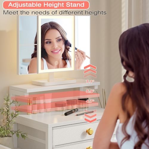 HIGDBFE Vanity Desk with Mirror and Lights 28.4''W Small Makeup Vanit...