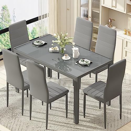 DKLGG Glass Dining Table Set for 6, Modern Kitchen Table with 6 PU Leather Ch...