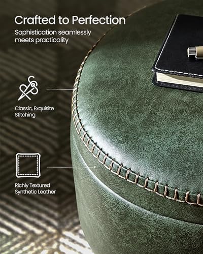 VASAGLE Storage Ottoman, Synthetic Leather Round Seat with Steel Legs | Vanit...