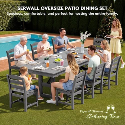 SERWALL 9Pcs 84" HDPE Outdoor Dining Set for 8 with Armless Chairs,Gray