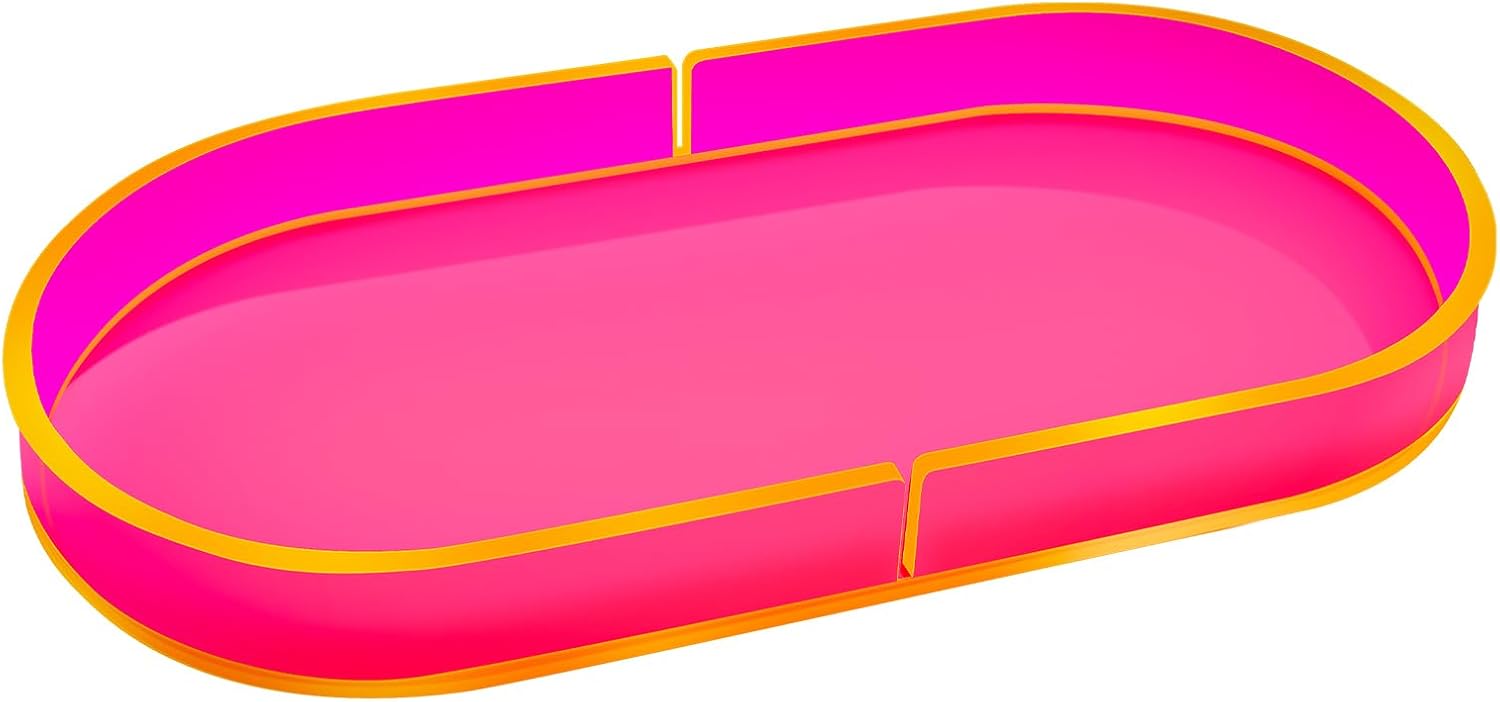 Acrylic Decorative Vanity Tray Perfume Jewelry Trinket Tray for Bathroom Counter Soap Toilet Tank Sink Small Candle Catch All Organizer, 12.6x6.3 Inches, Neon Pink