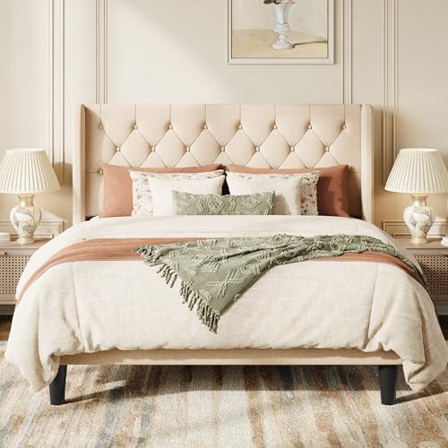 SHA CERLIN Queen Upholstered Bed Frame, Button Tufted Design, Beige