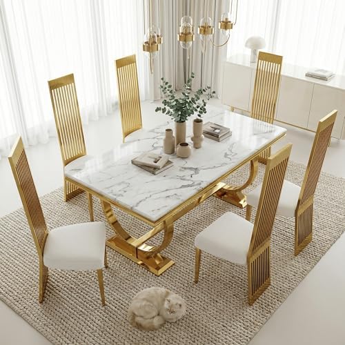 Dining Chairs Set of 6, Luxury Upholstered Boucle Chairs with Slatted Mirrore...