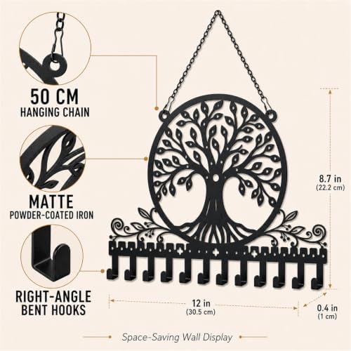 Personalized Tree of Life Wall Mounted Jewelry Organizer Metal Earring Holder Necklace Display Rack Decorative Jewelry Storage Hanger Space Saving Wall Decor for Bedroom Vanity Room Gift for Women