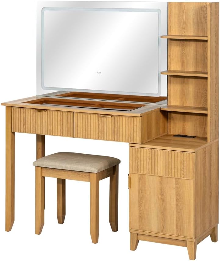 Vanity Desk with Stool, Mirror and Lights 3 Color, Makeup Vanity with Power O...