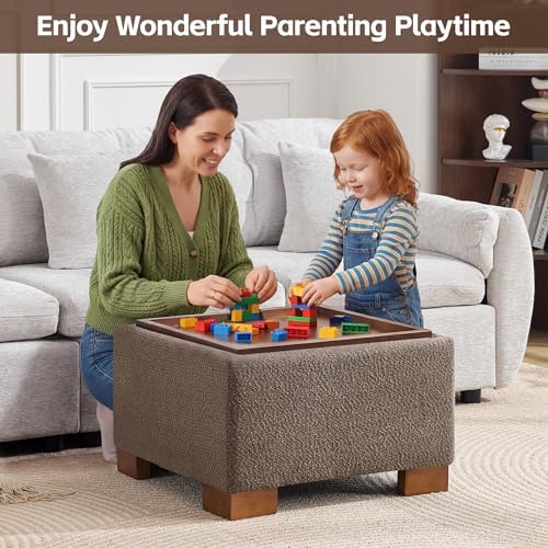 WUTUTUEE 24" Square Ottoman Coffee Table with Storage, Boucle Ottomans w...