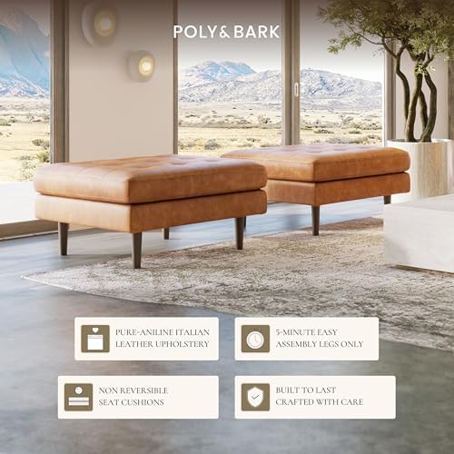 Poly & BARK Napa Ottoman - Full-Grain Leather Upholstered Ottoman with Fe...
