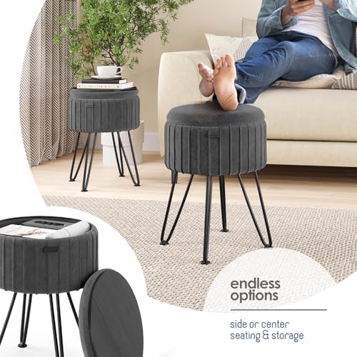 Round Ottoman with Storage, Pleated Velvet Storage Ottoman, Foot Stool Ottoma...