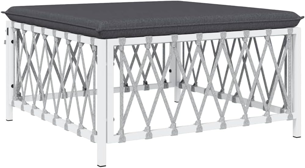Patio Footstool with Cushion, White Woven Fabric Ottoman, Powder-Coated Steel...