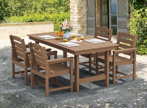 SERWALL 7 Pcs Outdoor Dining Set, 67" HDPE Dining Set for 6, Brown