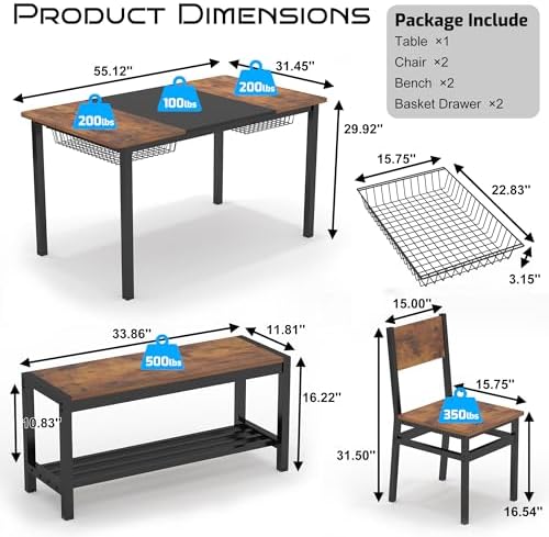 Dining Table Set for 4-6 with 2 Benches and 2 Chairs