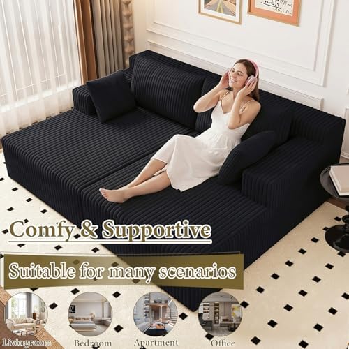 71" Oversized Double Chaise Lounges Indoor, Upholstered Corduroy Oversized Chaise Lounge Chair, Modern Sleeper Loveseat Chair Boneless Cloud Couch for Living Room Bedroom Reading (Black)