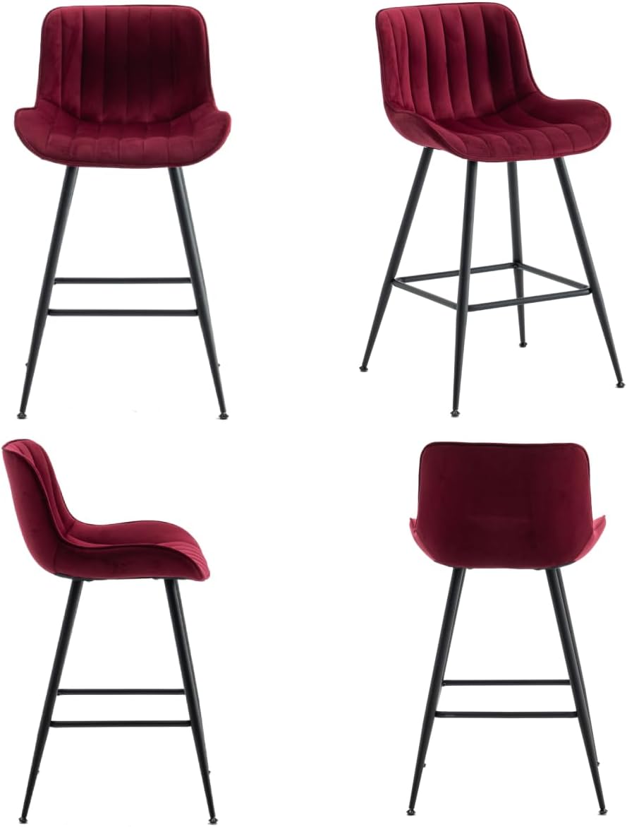 Bar Stools Set of 2 with Velvet Upholstery, Burgundy | Luxury Counter Height ...