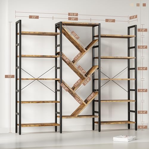 INNOD 70x70 Triple 5 Tier Book Shelf, Large Wooden Bookcase with 17 Open Disp...