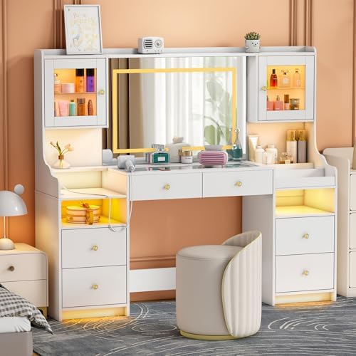 wanan 62" Large White Vanity Desk with Glass Top, Makeup Vanity with Mir...