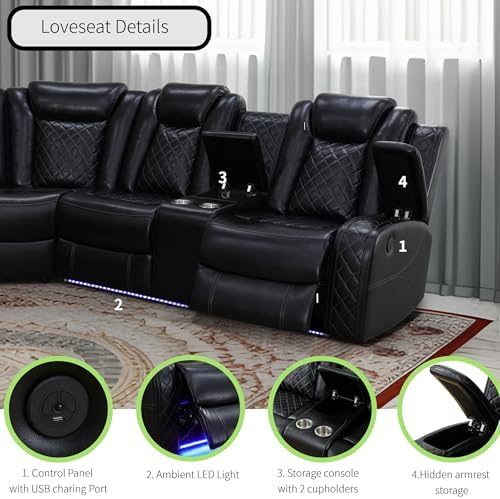 Power Recliner Sofa Sectional Sofa with LED Light for Living Room, Air Leathe...