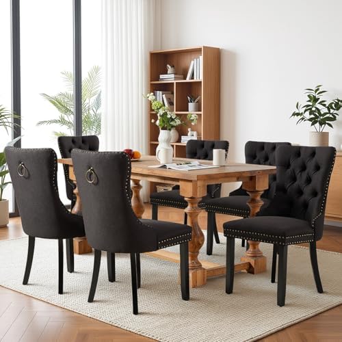 SoarFlash Linen Fabric Dining Chair Set of 6, Upholstered Tufted Dining Room ...