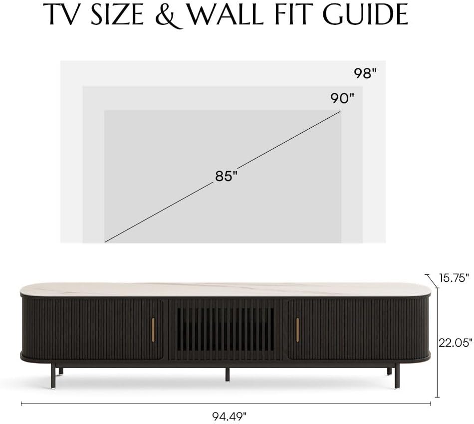 POVISON Fully-Assembled Sliding Tambour Door TV Stand, Mid Century Modern Sintered Stone TV Console, Wood Media Console for 85 Inch TV, Entertainment Center with Storage Cabinet(Black, 94.49")