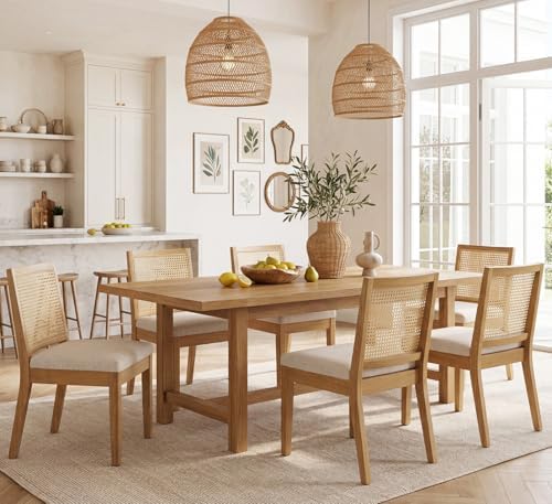 HNY Farmhouse Rattan Dining Chairs Set of 6, Natural Solid Hardwood Frame, Up...