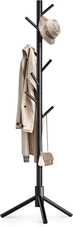 Wooden Coat Rack Freestanding with 8 Hooks,Easy Assembly New Zealand Pine Tree Coat Racks, 3 Adjustable Sizes for Clothes, Hats, Bags, for Entryway, Hallway, Bedroom, Office (Black, 1 PC)