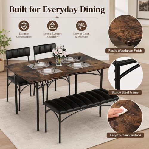 4 EVER WINNER Dining Table Set for 4 with Upholstered Seats, Rustic Brown