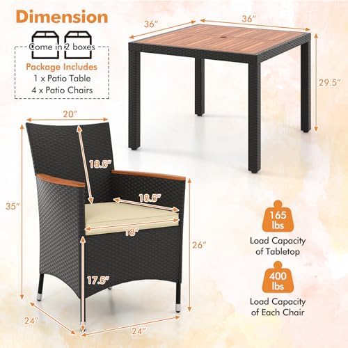 Tangkula 5 Pieces Rattan Outdoor Dining Set for 4, Outdoor Acacia Wood Table ...