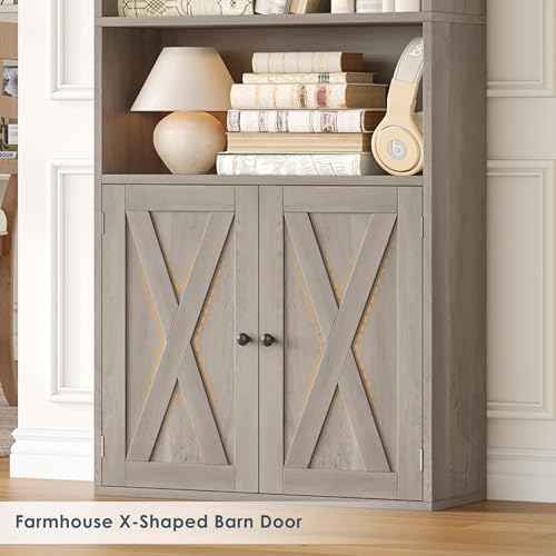 FACBOTALL 82" Tall Bookcase, Farmhouse Bookshelf with Doors, Gray