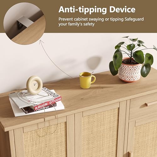 Keehusux Rattan Storage Cabinet with 3 Doors and Drawer, Natural Oak