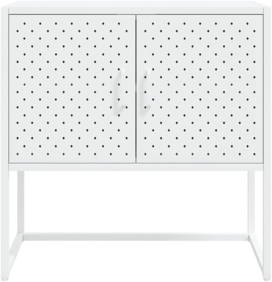 White Steel Sideboard with Adjustable Levelers, Modern Rectangular Storage Ca...