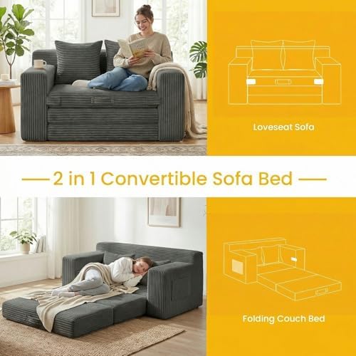Couch, Loveseat Sleeper Sofa Bed – 3-in-1 Convertible Couch Bed with Side Poc...