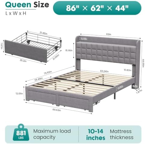 DUMOS Queen Bed Frame, Upholstered Platform Bed Frame with Storage Drawers