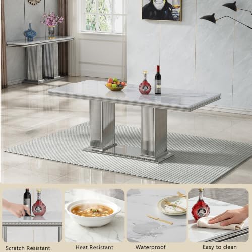 HomVent 68'' Silver Faux Marble Dining Table Set with 6 Grey Velvet C...