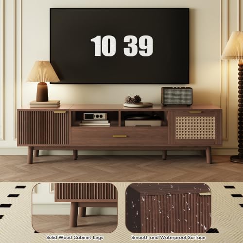 Bellemave TV Stand for up to 75", Solid Wood TV Consoles with Storage Drawer & Open Shelves, Modern Entertainment Center with Drop-Down Door Cabinet for Living Room, Bedroom (Dark Brown)