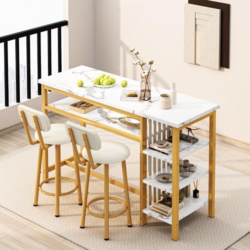 AWQM 3-Piece Bar Table and Chairs Set, Modern White Faux Marble Table with 2 ...