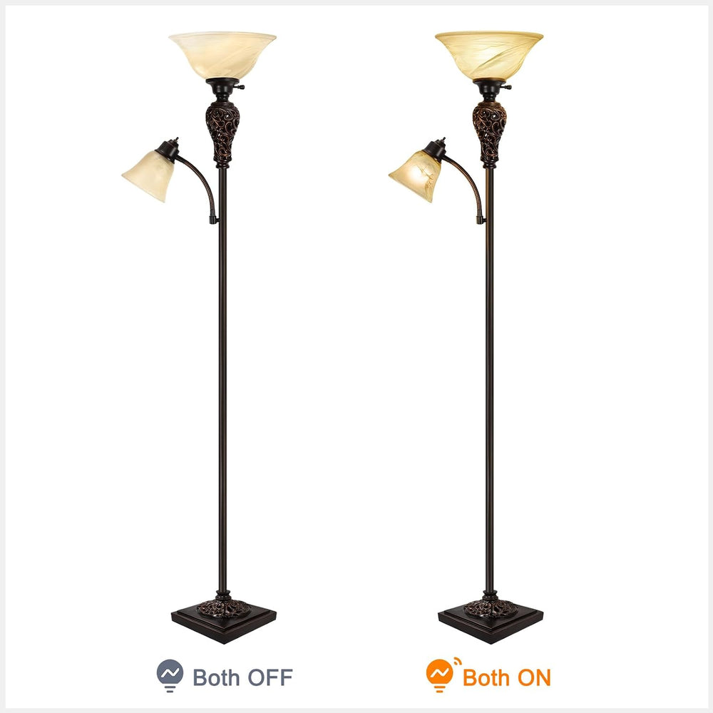 Vintage Torchiere Floor Lamp with Adjustable Reading Light, 72" Tall, Brown